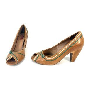 Miz Mooz Women's Sophia Pump Cobalt Tan Leather Peep Toe Shoes Size 8.5